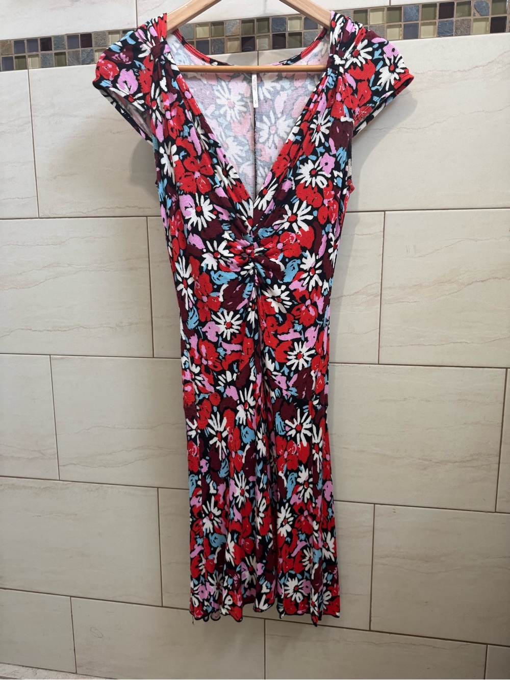 Free People Floral Twist-Front V-Neck Women's Dress - Red Multi